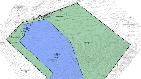 Skissad plankarta över pågående detaljplanen Älvsborg. Illustration